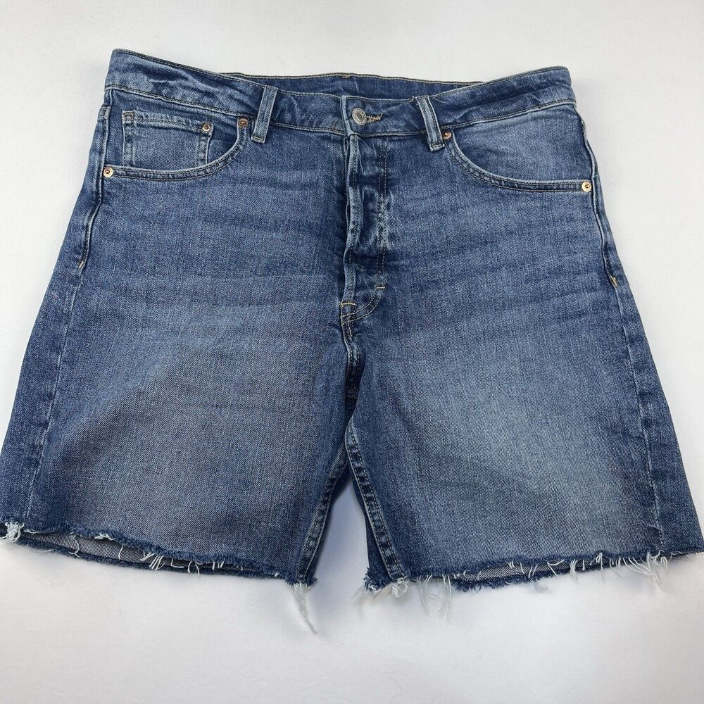 & Denim H & M Bermuda Jean Shorts Women 12 High Rise Medium Wash Button Fly Blue